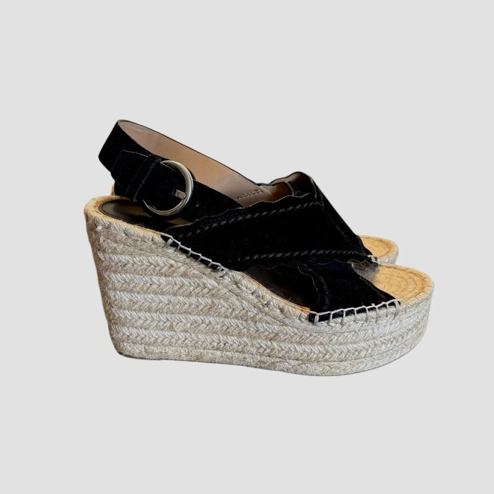 Marc Fisher Mlaria Black Suede Tan  Espadrille Wedge Platform Sandals